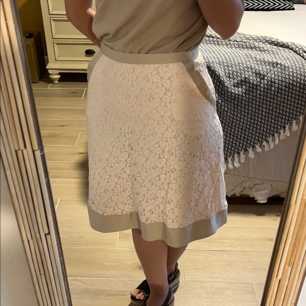 Isaac Mizrahi Blush Lace A-Line Skirt with Taupe Trim